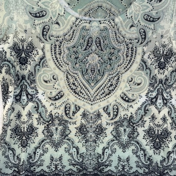 World Unity Womens Sage Green Navy Paisley Scoop Neck Rhinestone Knit Top Medium - Picture 2 of 7